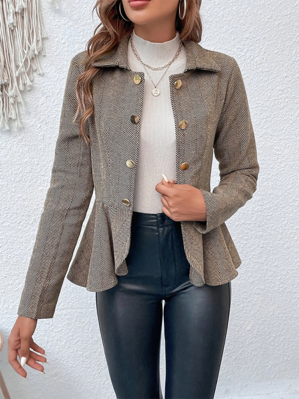 Lapel Jacquard Ruffle Double Breasted Blazer