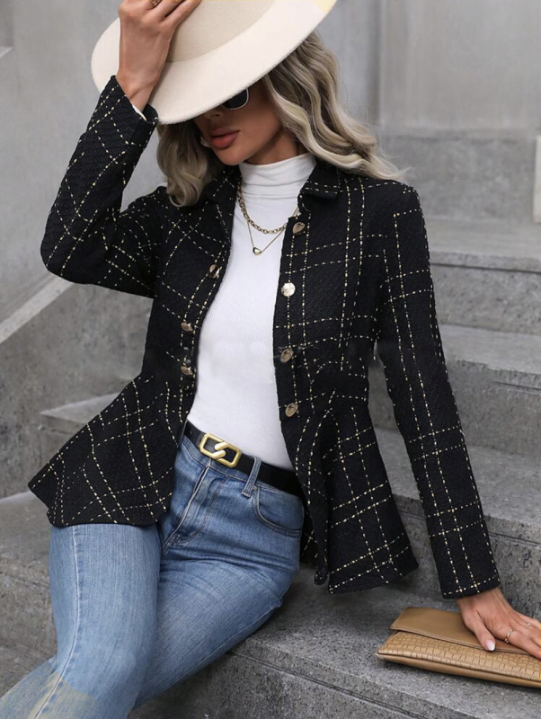 Lapel Jacquard Ruffle Double Breasted Blazer