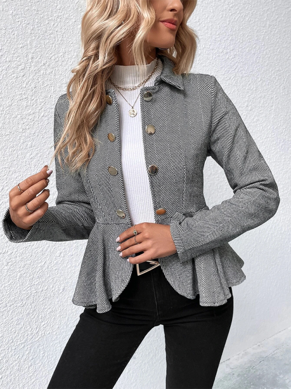 Lapel Jacquard Ruffle Double Breasted Blazer