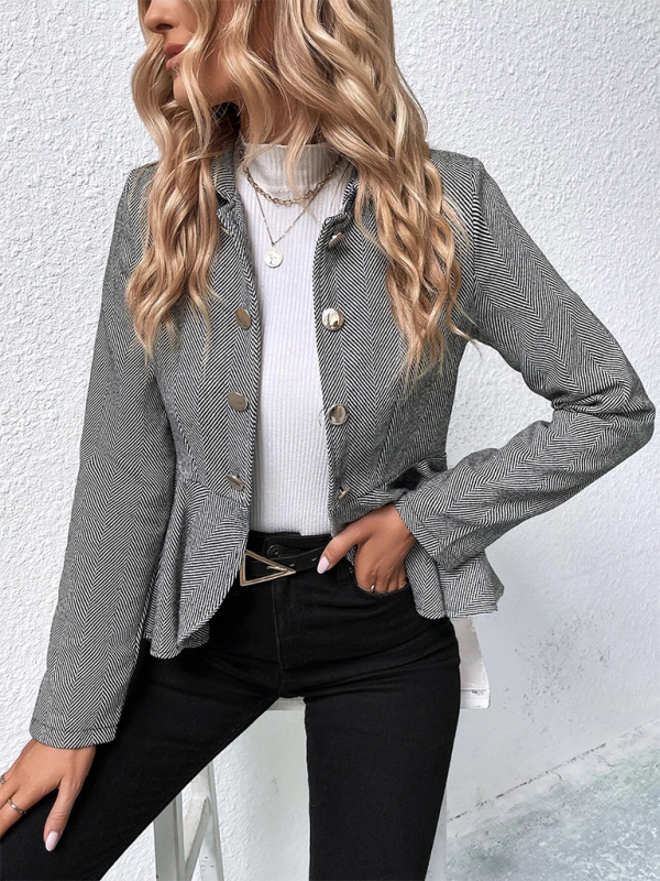 Lapel Jacquard Ruffle Double Breasted Blazer