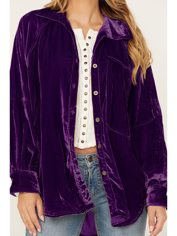 Golden Velvet Oversize Long Sleeve Loose Shirt Jacket