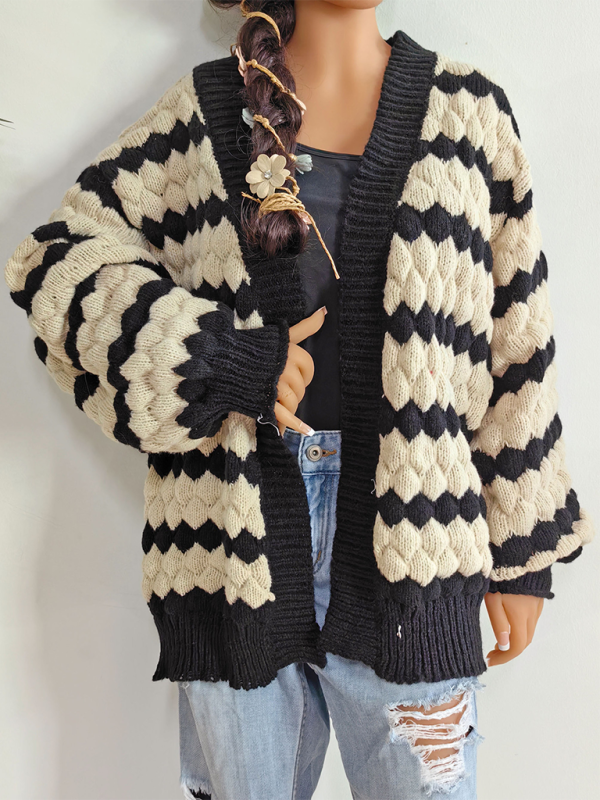 Women's Pineapple Cubic Color Blocking Striped Sweater Cardigan