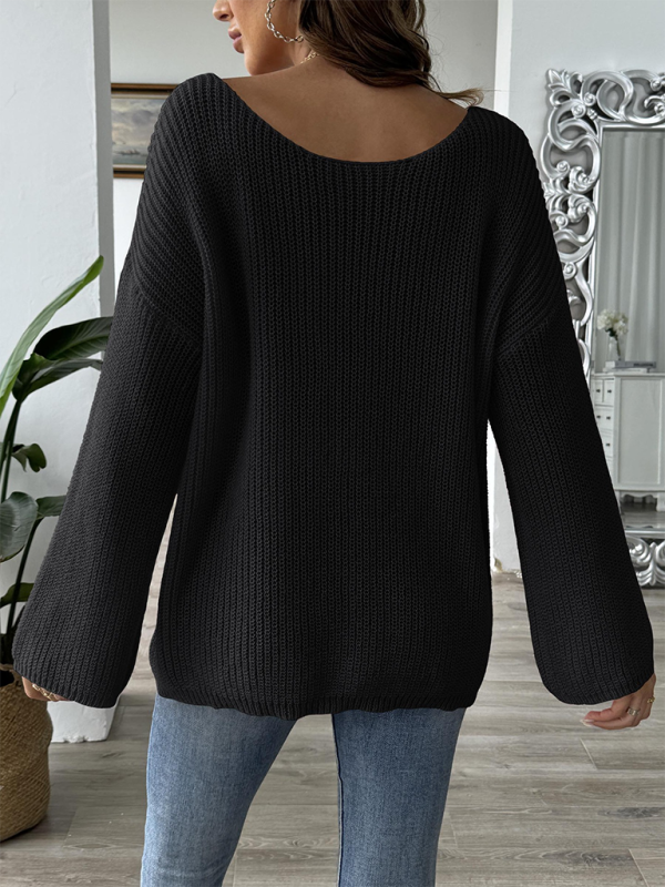 Bow Embroidery Applique Women's Pullover Sweater One Neck Strapless Flare Sleeve Sweater