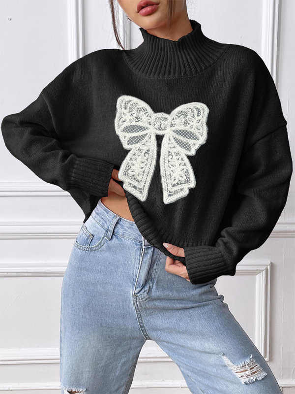 Women's Bow Embroidered Appliqued Turtleneck Pullover Sweater