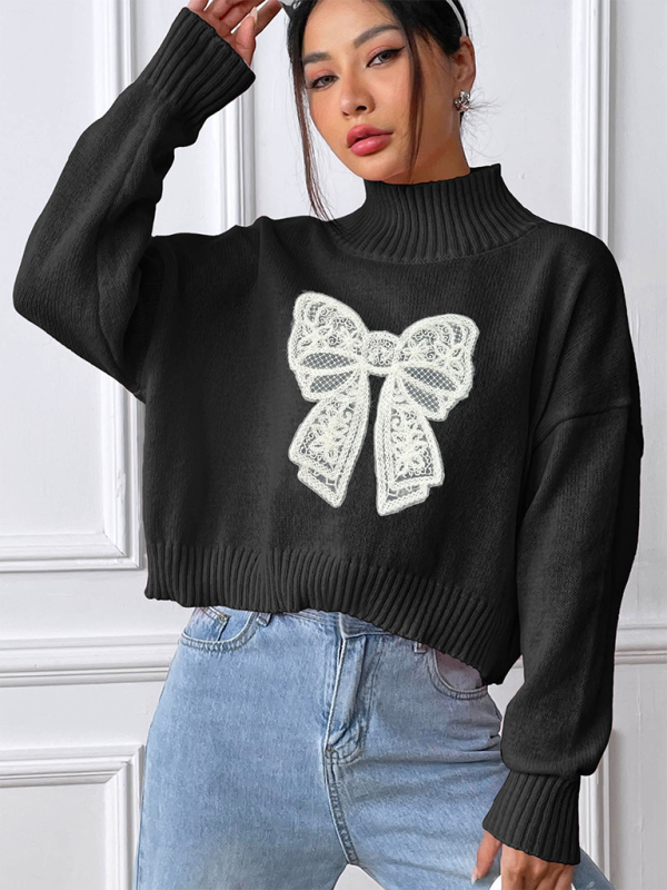 Women's Bow Embroidered Appliqued Turtleneck Pullover Sweater