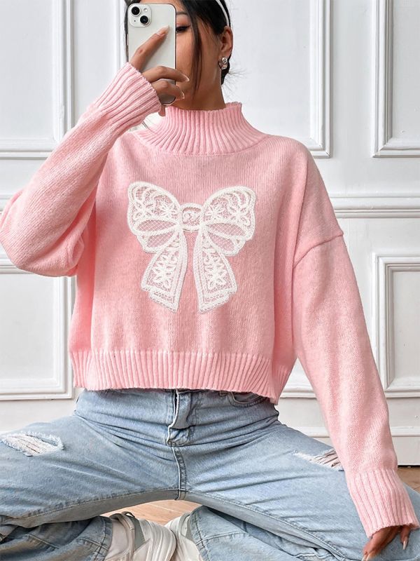 Women's Bow Embroidered Appliqued Turtleneck Pullover Sweater