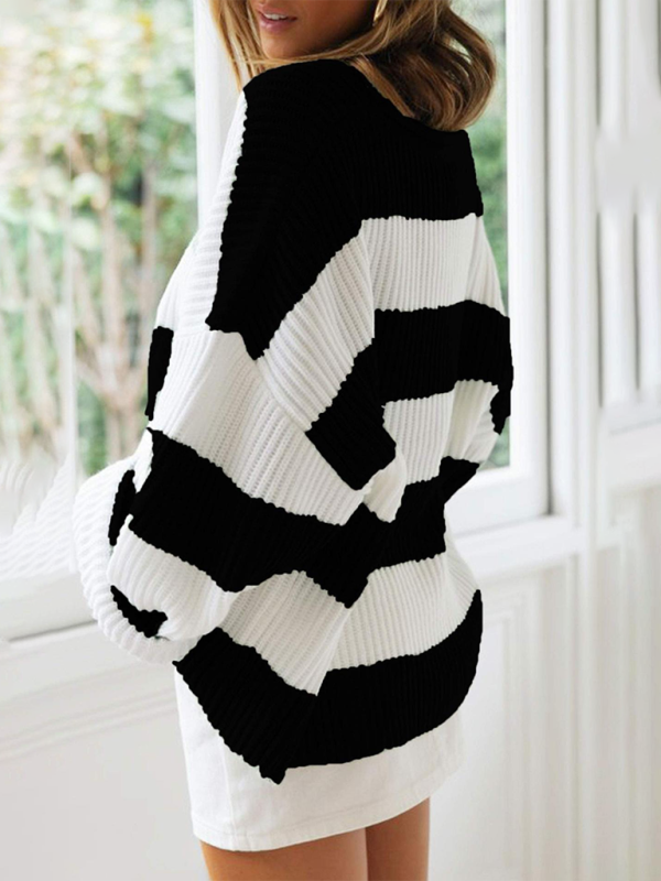 Round Neck Long Sleeve Colorblocked Striped Knit Sweater Flare Sleeve Sweater