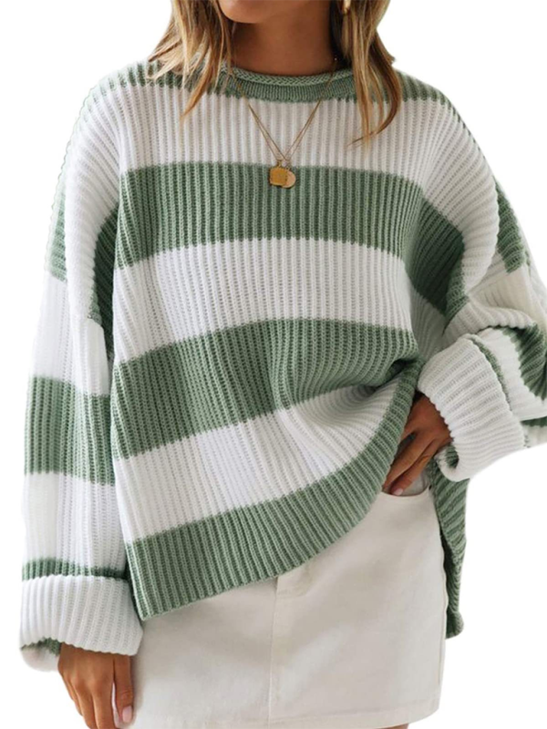 Round Neck Long Sleeve Colorblocked Striped Knit Sweater Flare Sleeve Sweater