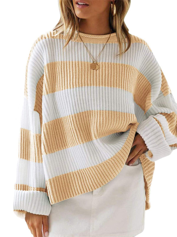 Round Neck Long Sleeve Colorblocked Striped Knit Sweater Flare Sleeve Sweater