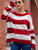 Round Neck Long Sleeve Colorblocked Striped Knit Sweater Flare Sleeve Sweater