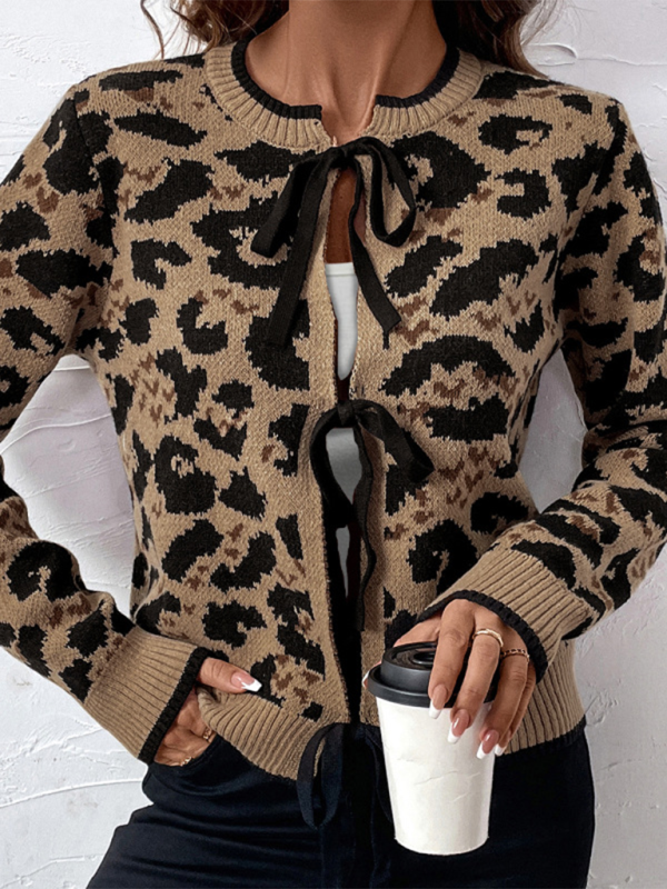 New leopard bow tie knit sweater fall and winter long-sleeved cardigan tops