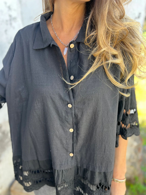 Women's Lace Flared Sleeve Hollow Button Shirt