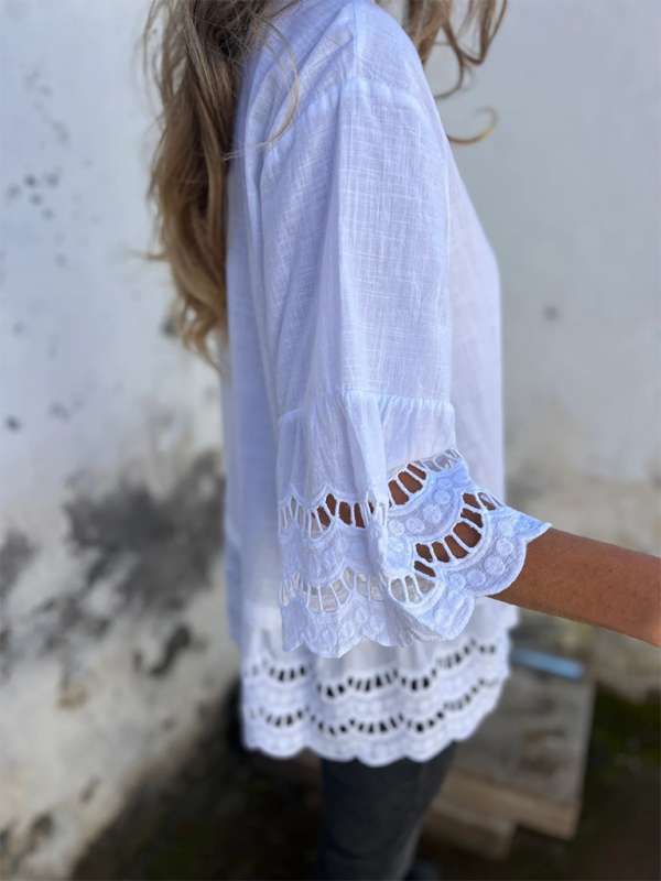 Women's Lace Flared Sleeve Hollow Button Shirt