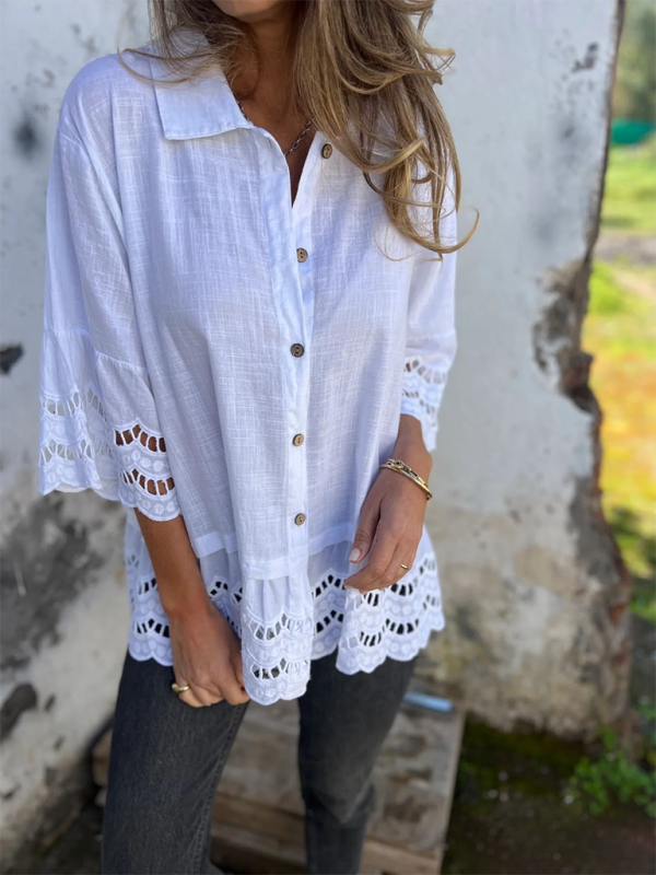 Women's Lace Flared Sleeve Hollow Button Shirt