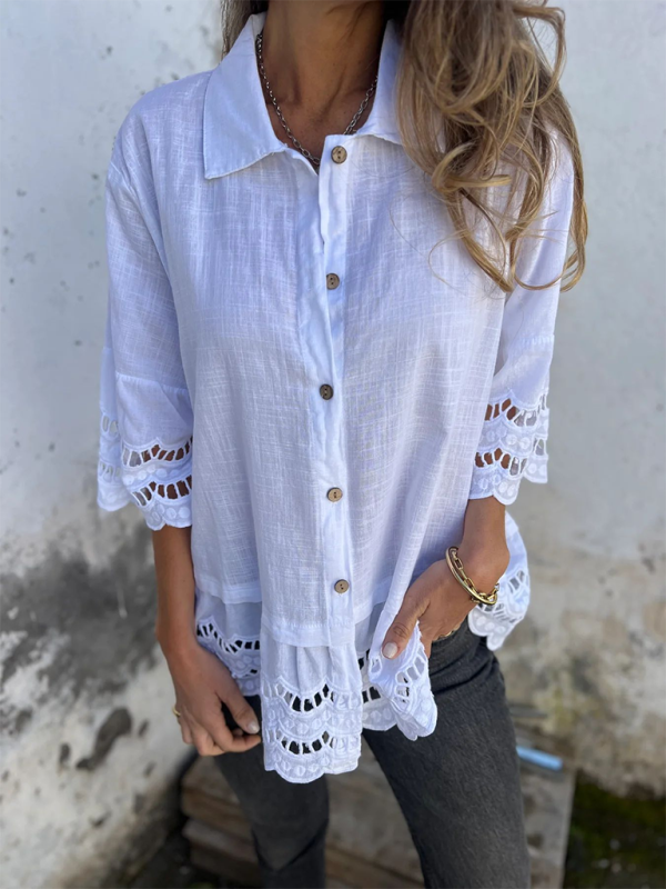 Women's Lace Flared Sleeve Hollow Button Shirt