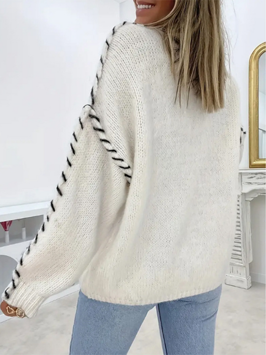 Women's Fashion Pullover Solid Color Round Neck Long Sleeve Drawstring Loose Knitted Sweater