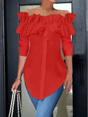 Simple solid color one-shoulder ruffled shirt top