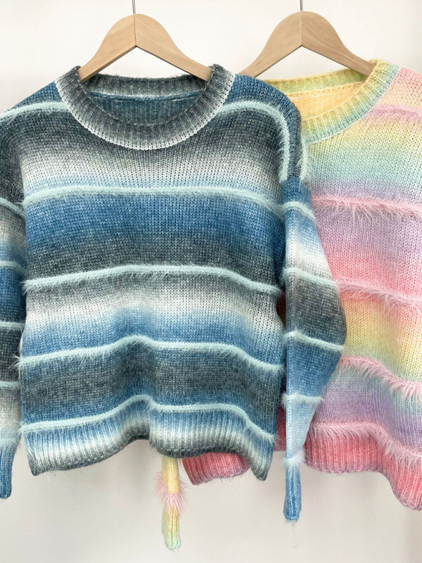 Vintage Rainbow Top Gradient Contrast Stripe Mohair Pullover Knit Sweater