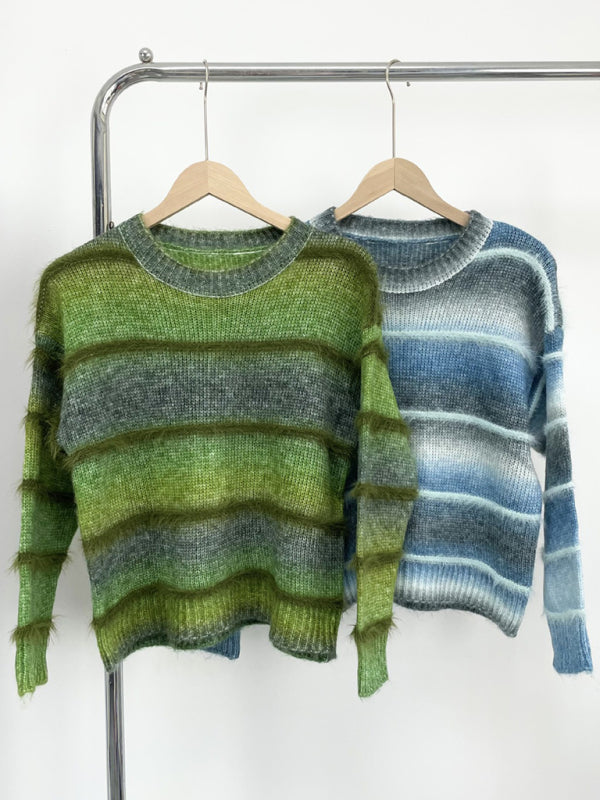 Vintage Rainbow Top Gradient Contrast Stripe Mohair Pullover Knit Sweater