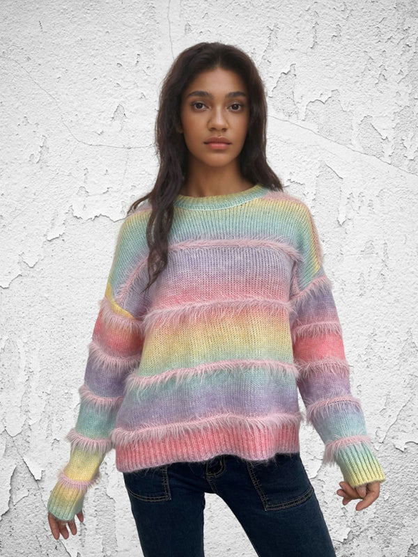 Vintage Rainbow Top Gradient Contrast Stripe Mohair Pullover Knit Sweater