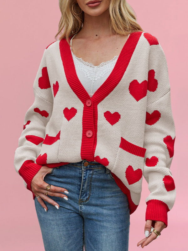 Valentine's Day Heart Peach Cardigan Pocket V-neck Knitted Jacket