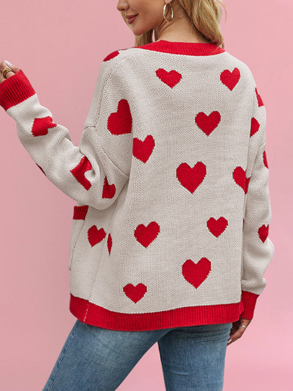 Valentine's Day Heart Peach Cardigan Pocket V-neck Knitted Jacket