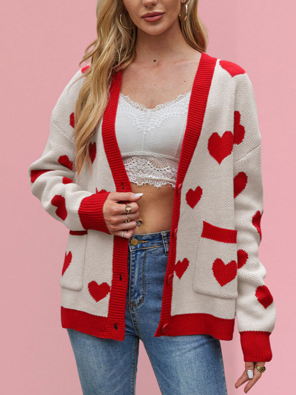 Valentine's Day Heart Peach Cardigan Pocket V-neck Knitted Jacket