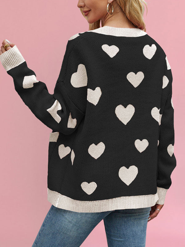 Valentine's Day Heart Peach Cardigan Pocket V-neck Knitted Jacket