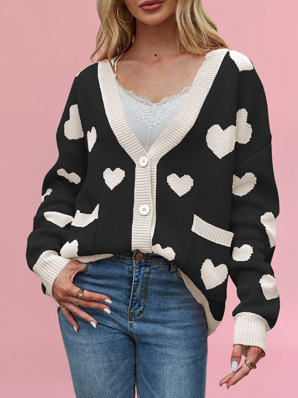 Valentine's Day Heart Peach Cardigan Pocket V-neck Knitted Jacket