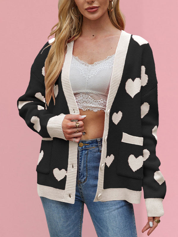 Valentine's Day Heart Peach Cardigan Pocket V-neck Knitted Jacket