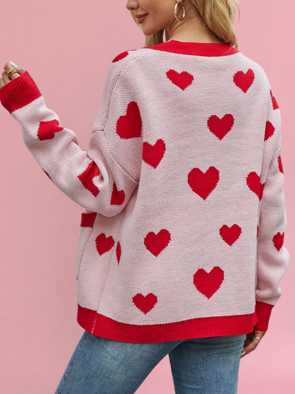 Valentine's Day Heart Peach Cardigan Pocket V-neck Knitted Jacket