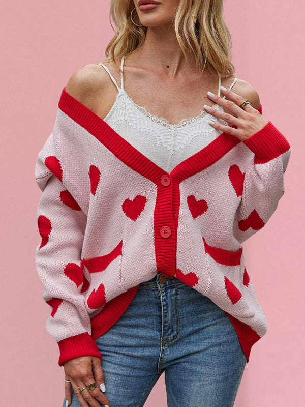 Valentine's Day Heart Peach Cardigan Pocket V-neck Knitted Jacket