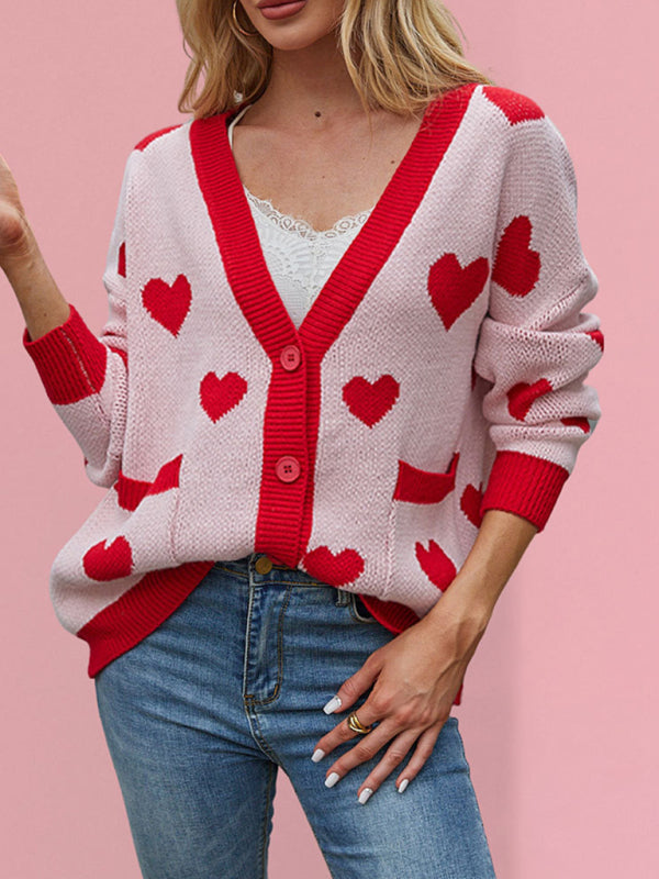 Valentine's Day Heart Peach Cardigan Pocket V-neck Knitted Jacket