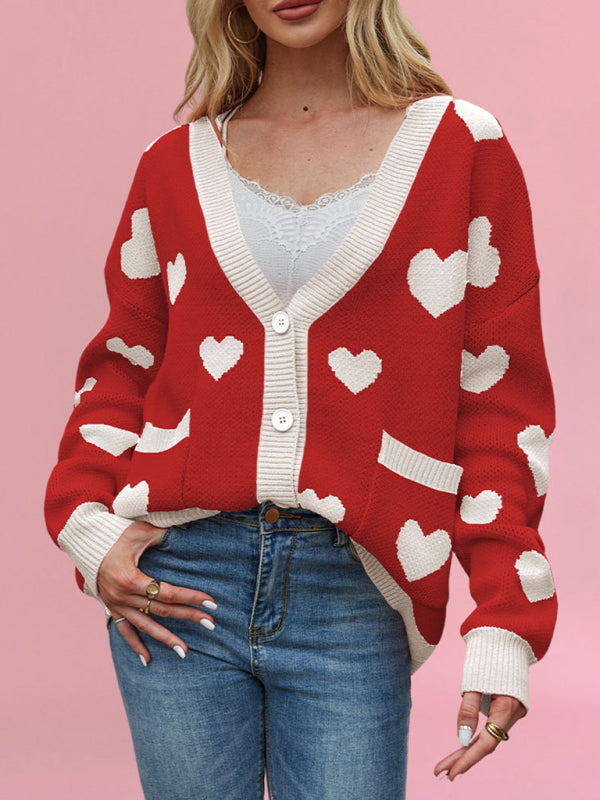 Valentine's Day Heart Peach Cardigan Pocket V-neck Knitted Jacket