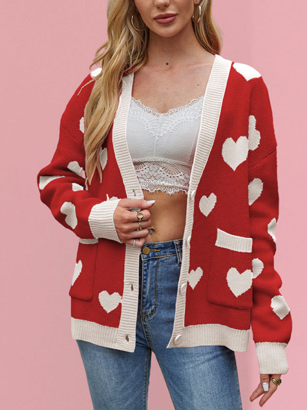 Valentine's Day Heart Peach Cardigan Pocket V-neck Knitted Jacket