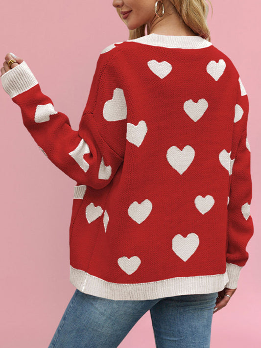 Valentine's Day Heart Peach Cardigan Pocket V-neck Knitted Jacket