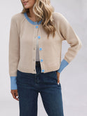 Women's contrast color round neck cardigan sweater single row button jacket