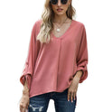 White/Black/Red/Apricot V Neck 3/4 Sleeve High Low Hem Shirt