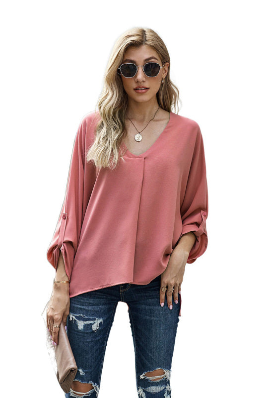 White/Black/Red/Apricot V Neck 3/4 Sleeve High Low Hem Shirt