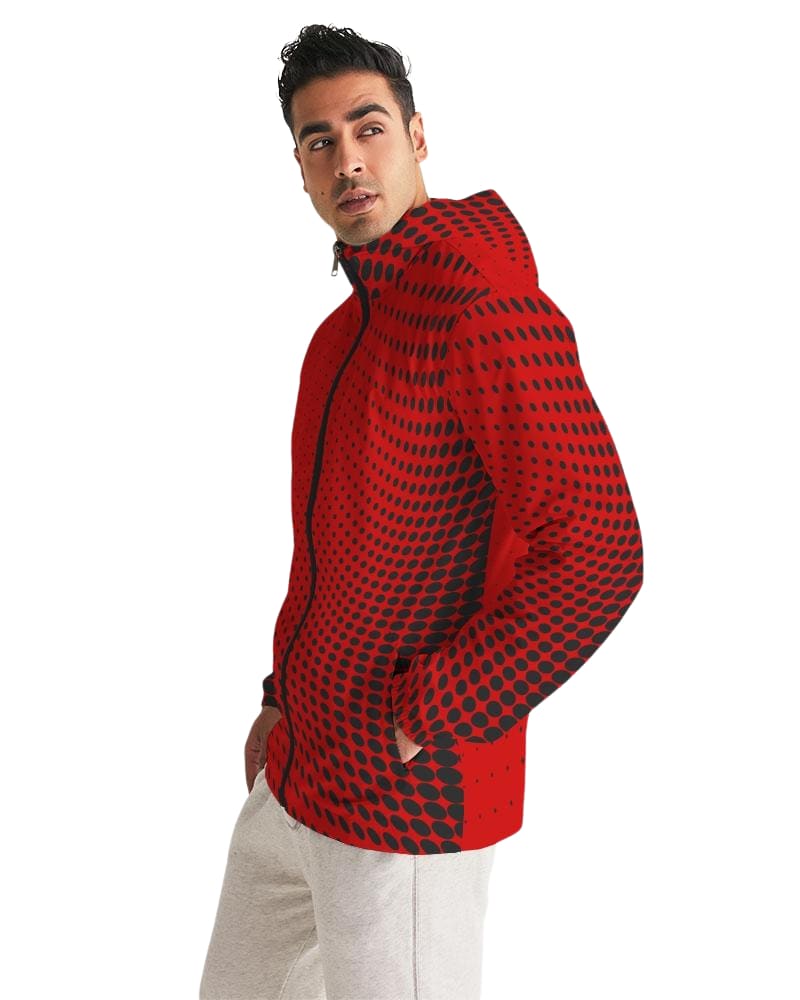 Mens Hooded Windbreaker, Red Polka Dot Water Resistant Jacket - Jjww0x