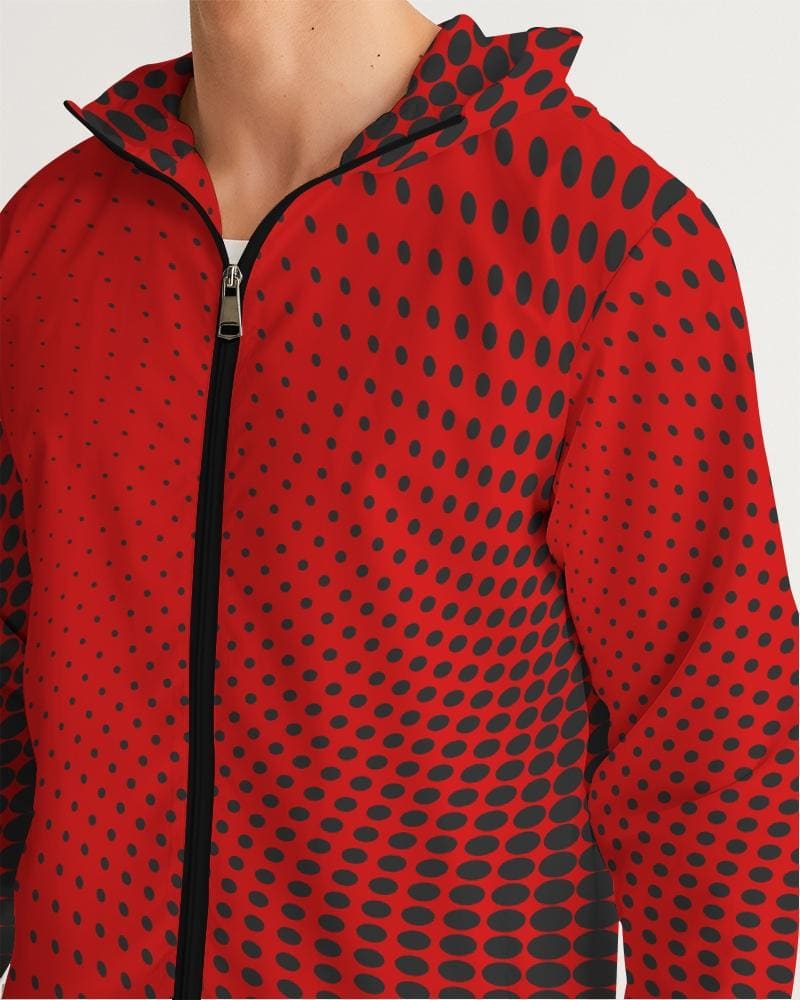 Mens Hooded Windbreaker, Red Polka Dot Water Resistant Jacket - Jjww0x