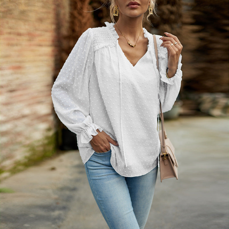 Temperament and elegant v-neck knotted long-sleeved top blouse