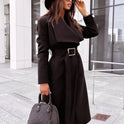 Women's long-sleeved buttoned V-neck strappy woolen coat