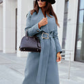 Women's long-sleeved buttoned V-neck strappy woolen coat